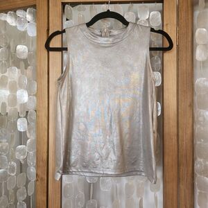 People Metallic Silver Sleeveless Top Small Faux Leather Minimalist Stretch